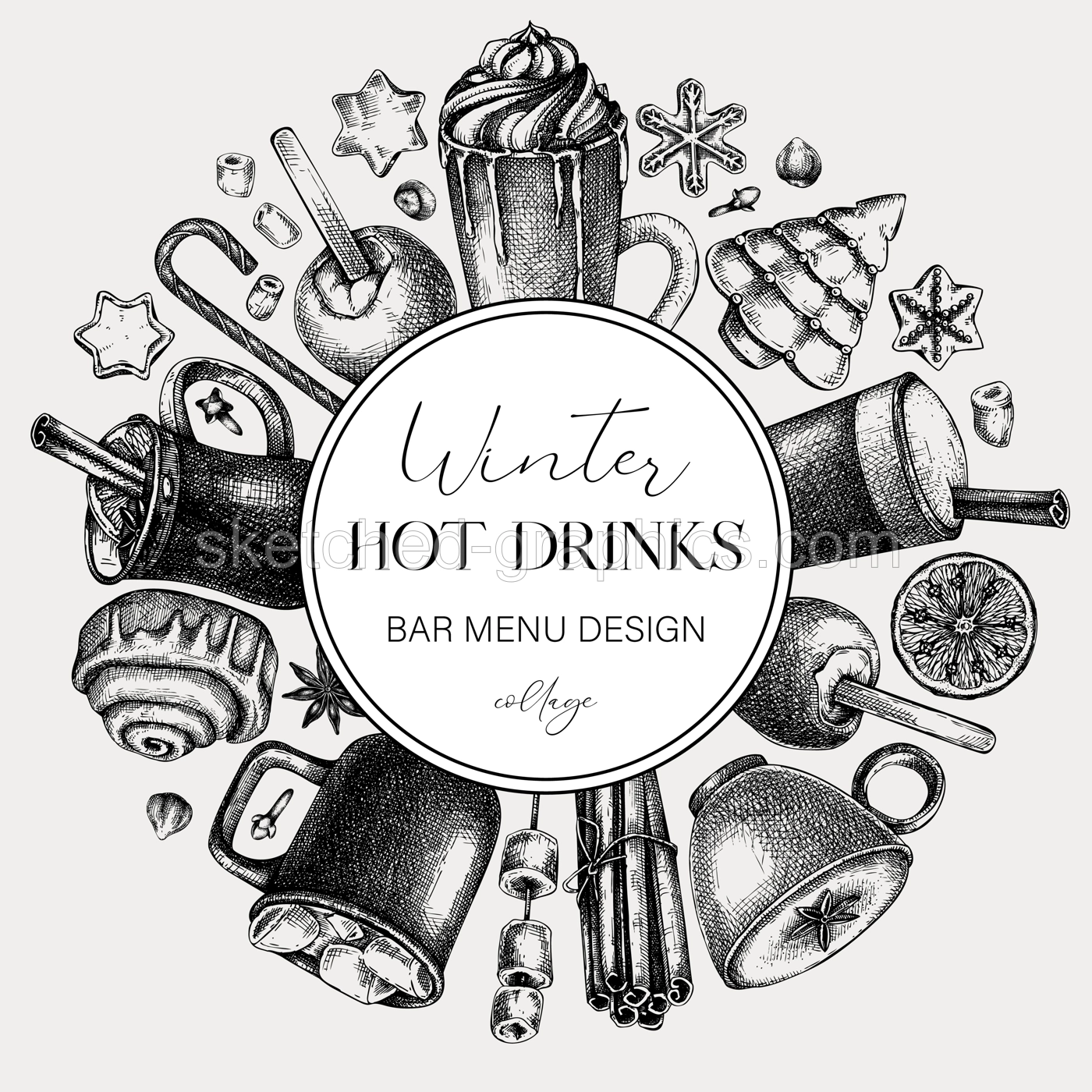Christmas wreath in vintage style. Mulled wine, coffee, hot chocolate, cocoa sketches. Hot drinks bar menu. Winter drinks and sweets frame template. Vector food background black and white. Illustration